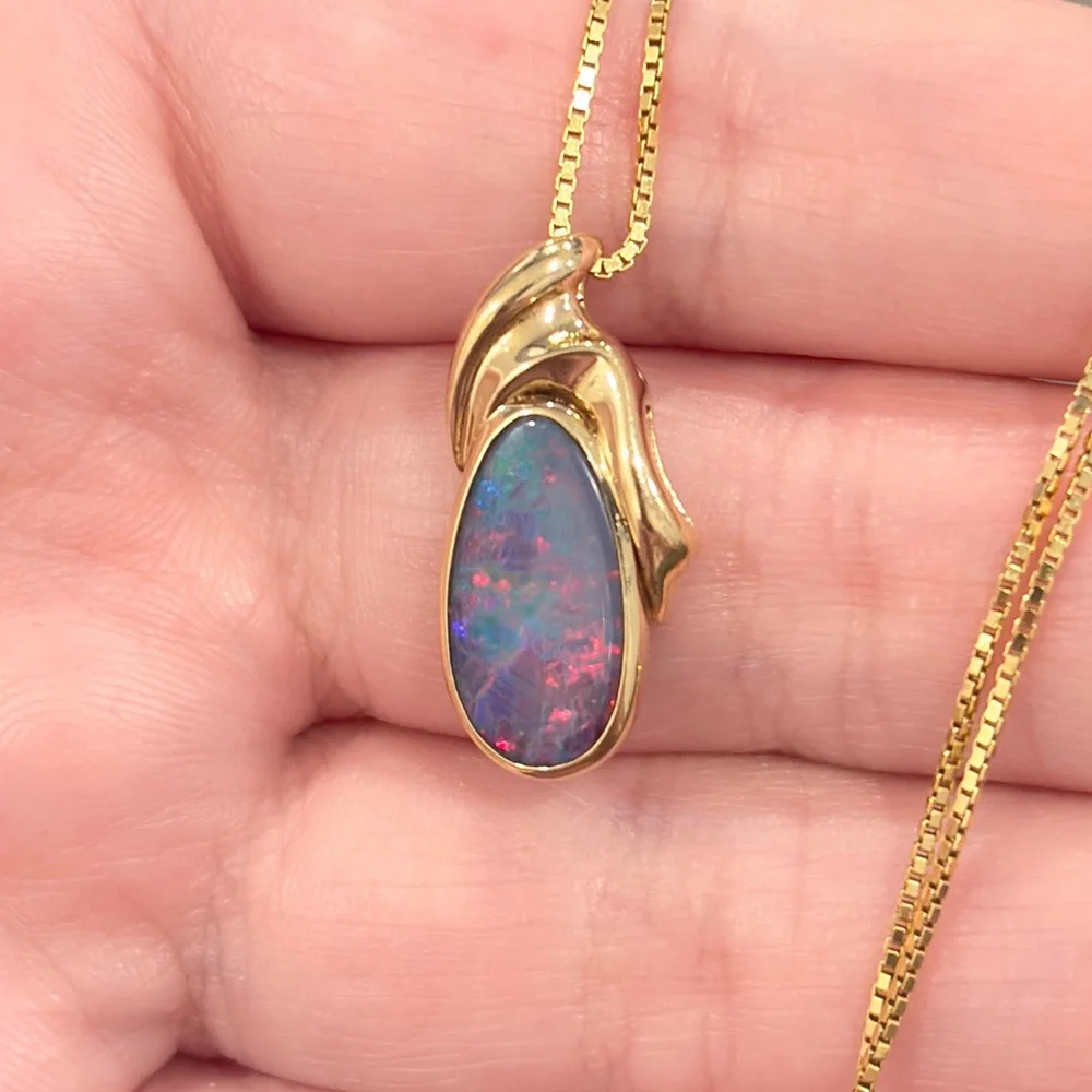 14K Australian Opal Pendant, Vintage Doublet, Crystal Dark Natural, Colorful IOG - Picture 6 of 14
